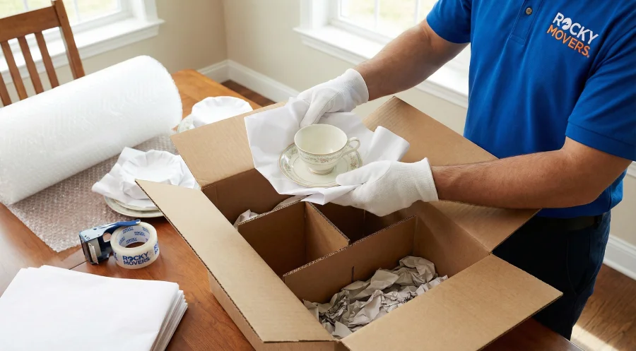 Close-up of a Rocky Movers professional in Arvada, CO, carefully wrapping fine china in protective paper and placing it into a specialized dishpack box to ensure a safe move.