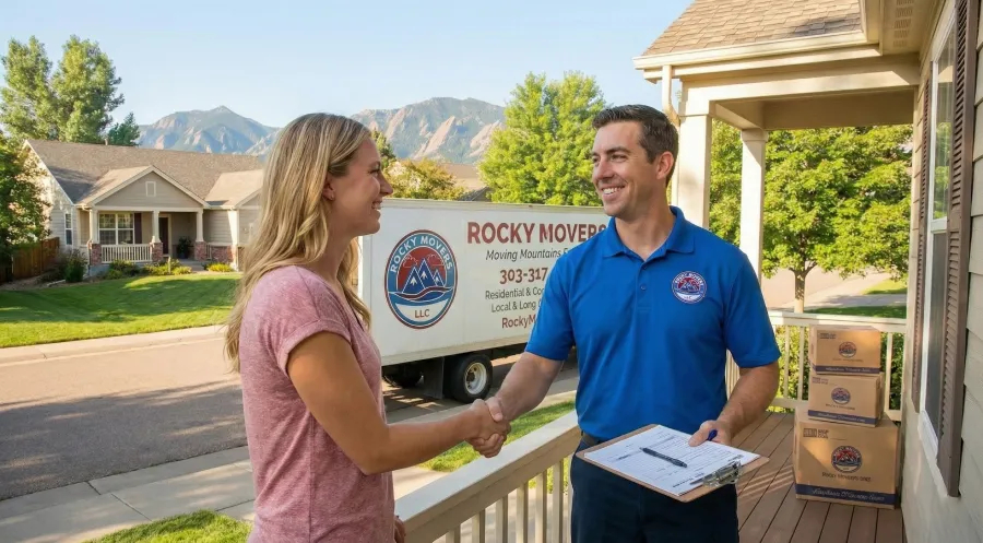 Rocky Movers employee shaking hands with a happy customer in front of a moving truck in Arvada, CO, symbolizing a trustworthy and positive relocation experience.