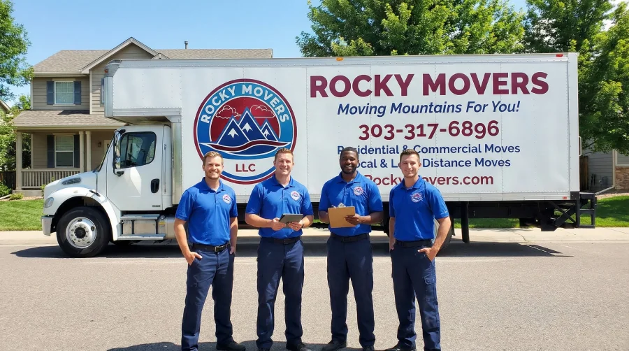 Friendly Rocky Movers team standing in front of a branded moving truck in Westminster, CO, ready to provide a free residential moving estimate.