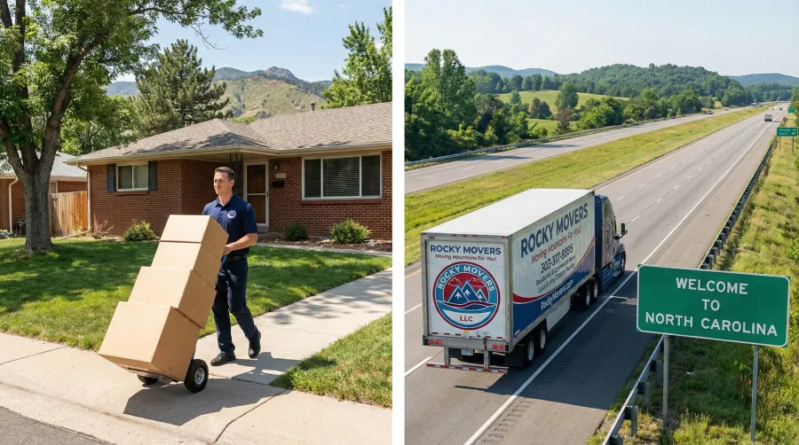 Split image showing a Rocky Movers team member handling a local residential move in Littleton, CO, side-by-side with a branded semi-truck hauling a long-distance load entering North Carolina.