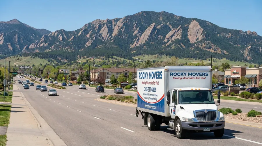 Rocky Movers truck driving south on Wadsworth Blvd in Broomfield, CO with the Flatirons view in the background.