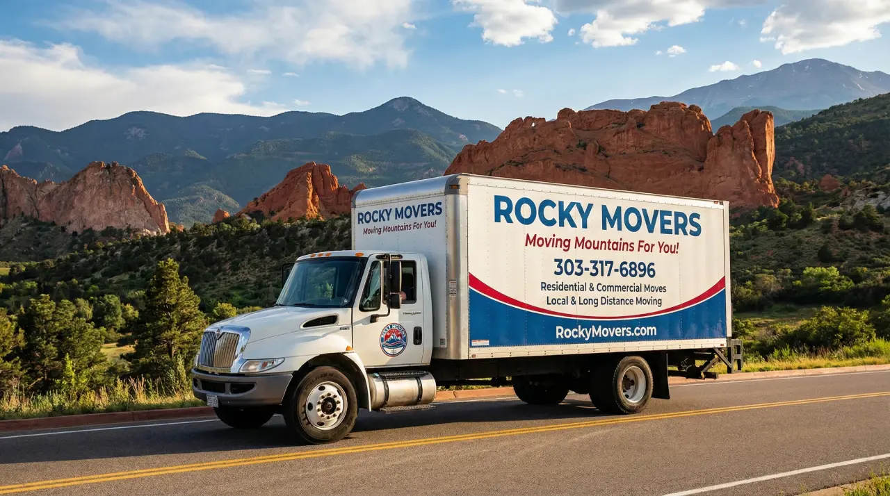 Rocky Movers branded truck driving along C-470 near the red rock foothills in Littleton, CO 80125.