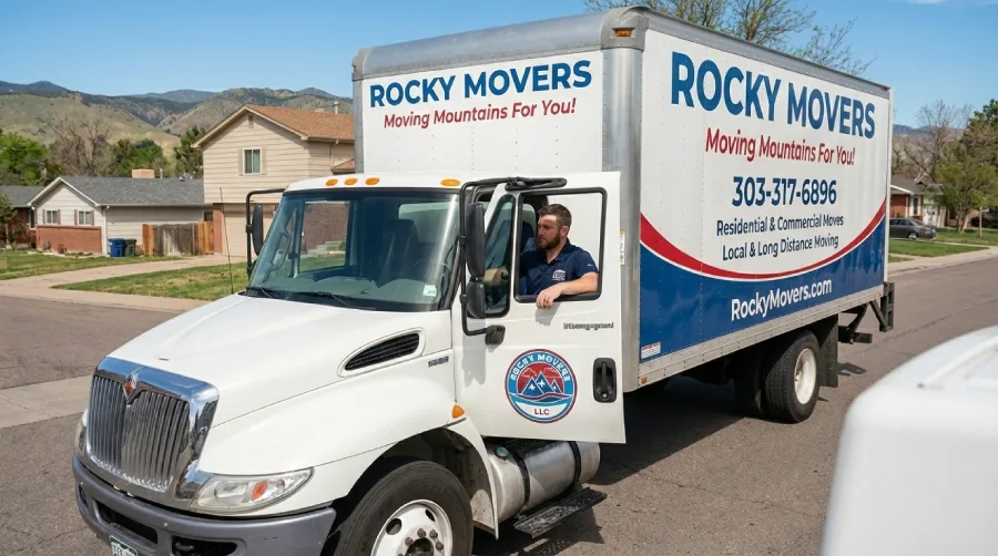 Rocky Movers driver in a modern, GPS-tracked moving truck preparing for a residential move at Grant Ranch in Lakewood, CO 80123.
