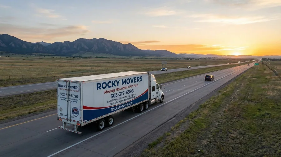 A Rocky Movers semi-truck driving on an open highway at sunrise, leaving the Front Range mountains behind for a reliable state-to-state and cross-country move from Broomfield, CO.