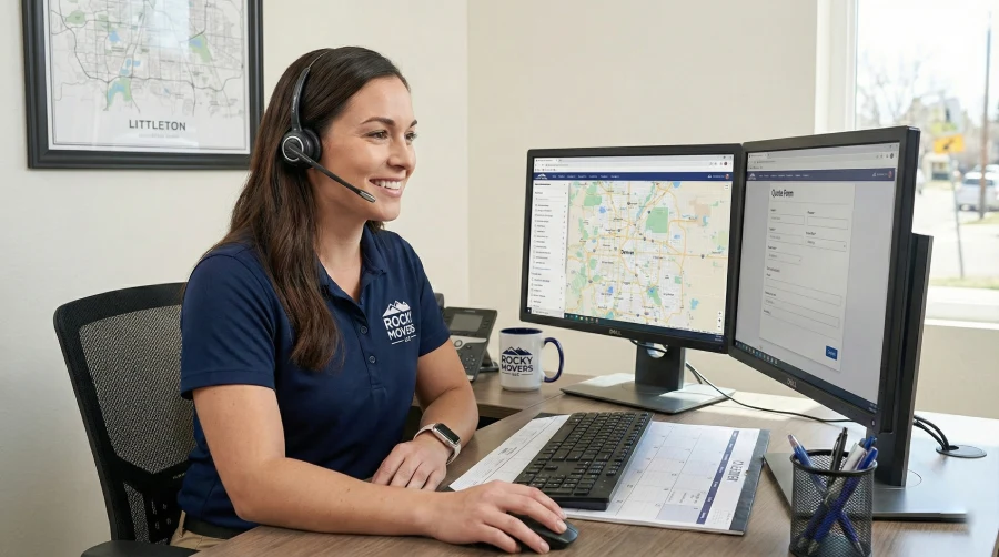 A friendly Rocky Movers local moving specialist with a headset working at her desk at the Denver HQ, ready to provide a free, tailored moving quote.