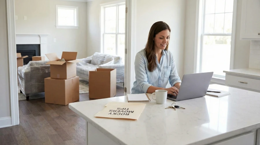 A new resident sitting at a kitchen island in her home on Bucknell Pl, Littleton, CO 80129, using a laptop and the "Rocky Movers Moving Tips" folder to set up utilities and register for local schools.