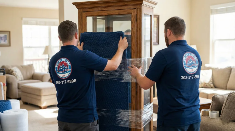Rocky Movers team wrapping a delicate curio cabinet with protective blankets and shrink wrap at a home in Littleton, CO 80120.