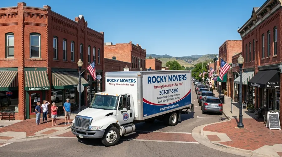 Rocky Movers branded truck navigating the narrow red-brick streets of Historic Downtown Littleton, CO 80120 near local shops.