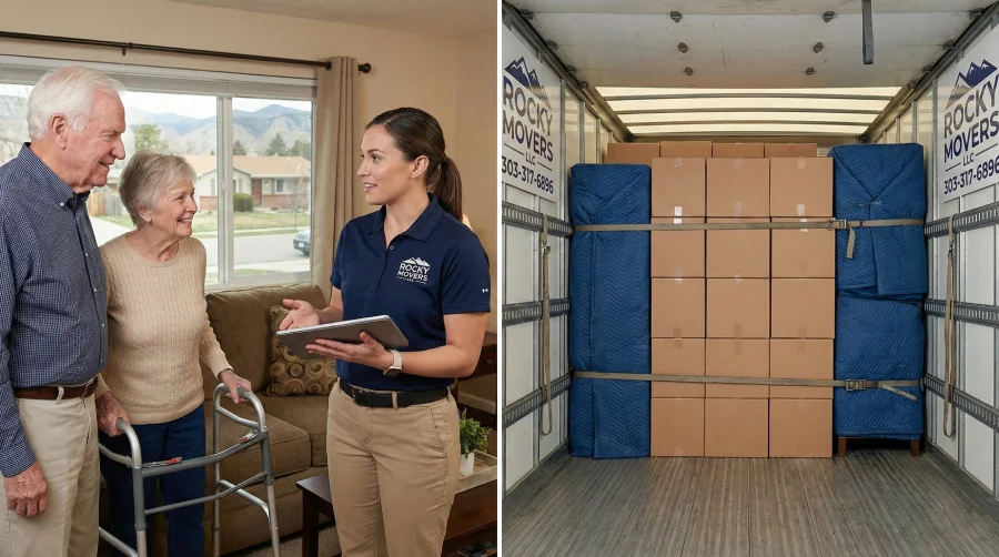 Split image: Rocky Movers coordinator providing an in-home estimate for a couple at Senior Living RiverPointe in Littleton, CO 80123, next to a view of a perfectly stacked and padded moving truck.