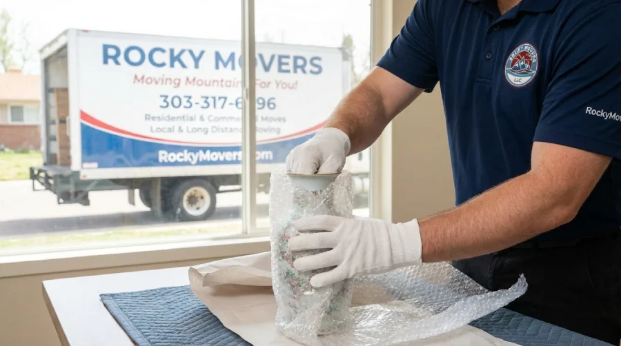 A Rocky Movers professional wearing white gloves carefully packs a delicate vase for a cross-country move in Broomfield, CO, with the moving truck visible outside.