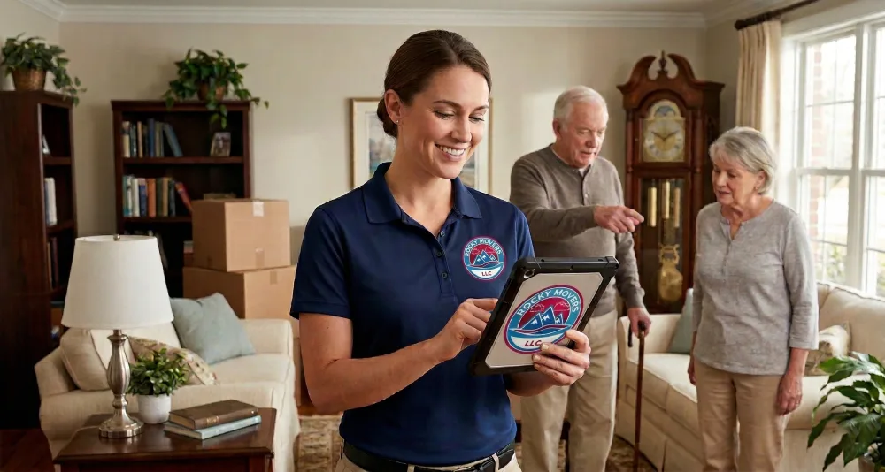 A friendly Rocky Movers estimator using a digital tablet to provide a transparent in-home moving estimate to an older couple in Commerce City, CO, as part of a simple 3-step moving process.