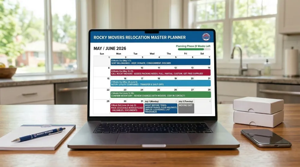 A laptop sitting on a kitchen counter displaying the Rocky Movers 8-week relocation master planner, helping residents in Englewood, CO, prepare step-by-step for a successful moving day.