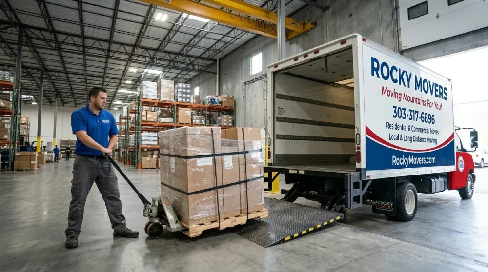 A Rocky Movers professional using a pallet jack to load heavy cargo onto a branded liftgate truck inside a commercial warehouse facility in Commerce City, CO.