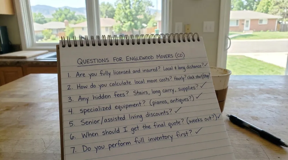 A handwritten list of "QUESTIONS FOR ENGLEWOOD MOVERS (CO)" in a spiral notebook on a wooden counter with a coffee cup and pen, overlooking a sunny Englewood residential street and mountains. The seven questions cover licensing, costs, hidden fees, special equipment, senior discounts, quotes, and inventory.
