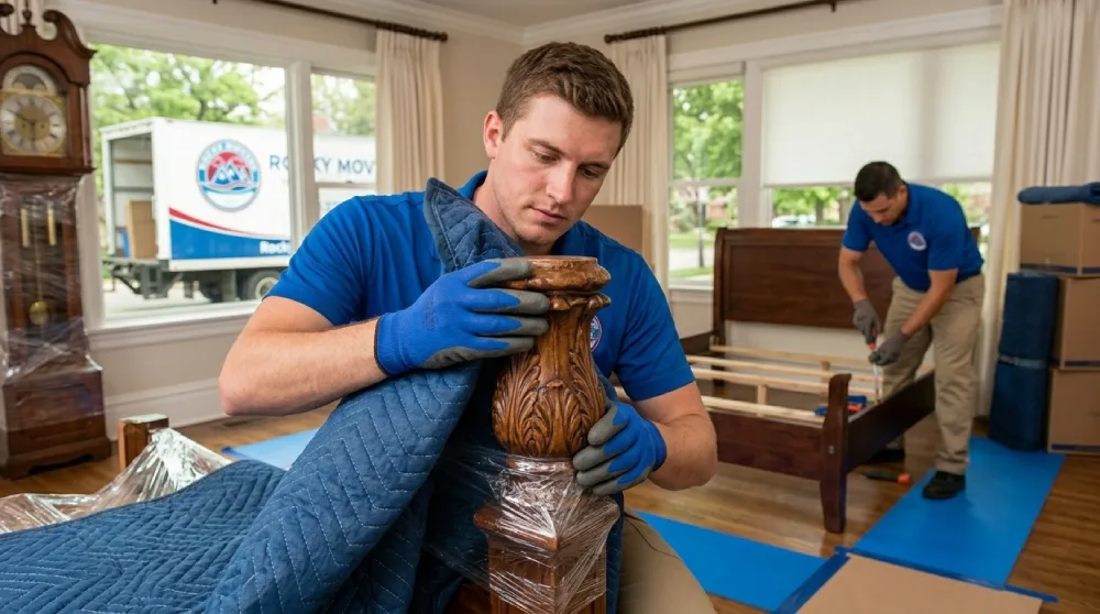 A professional from Rocky Movers carefully wrapping a delicate wooden furniture piece with a protective blanket in an Englewood, CO home, while another mover disassembles a bed over protected hardwood floors.