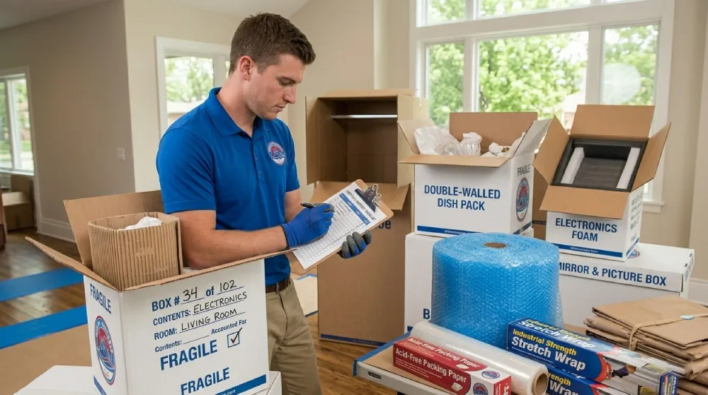 A professional from Rocky Movers in Englewood, CO, meticulously checking an inventory clipboard next to clearly labeled, high-quality packing supplies, including double-walled dish packs and anti-static bubble wrap.