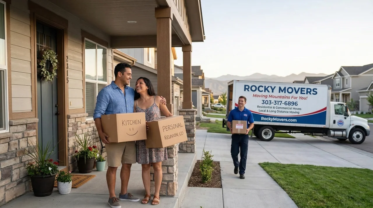 Happy couple holding moving boxes outside their new home in Commerce City, CO, with a Rocky Movers truck and moving professional in the background.