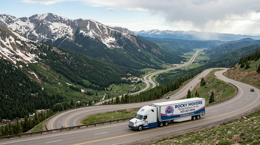 A white and blue branded Rocky Movers semi-truck navigates a winding mountain highway through dramatic snow-capped Rockies peaks, demonstrating long-distance moving capabilities from Englewood, CO.