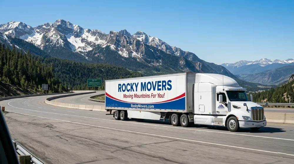 A branded Rocky Movers semi-truck driving along I-70 through the Colorado mountains, providing reliable long-distance and cross-country moving services from Commerce City, CO.