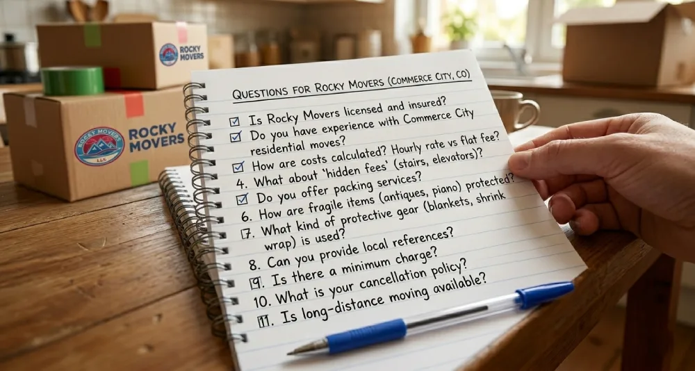 A close-up of a homeowner's hands holding a spiral notebook with a handwritten list of common moving questions for Rocky Movers, resting on a wooden kitchen table next to branded moving boxes in Commerce City, CO.