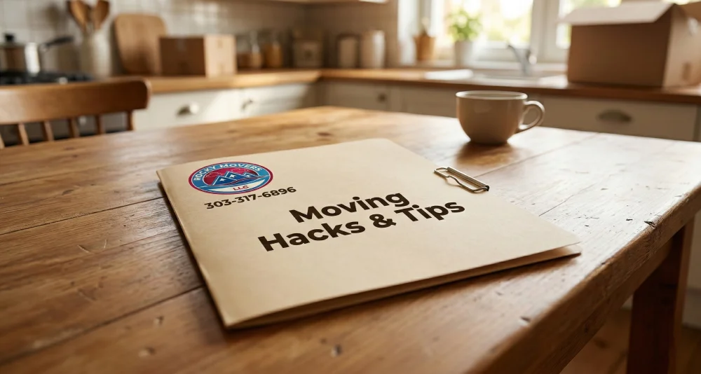A printed folder titled 'Moving Hacks & Tips' featuring the Rocky Movers logo and phone number, resting on a wooden kitchen table next to a moving box inside a Commerce City, CO home.