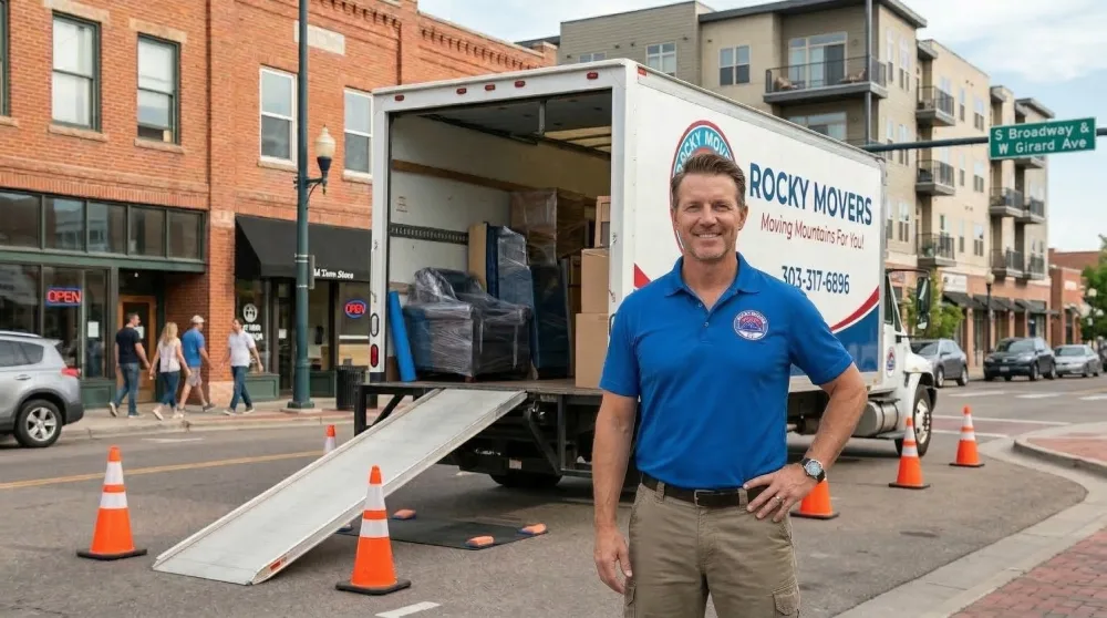 A professional mover from Rocky Movers standing next to a securely parked moving truck on a busy Englewood, CO street, demonstrating safe urban parking and strategic move execution.A professional mover from Rocky Movers standing next to a securely parked moving truck on a busy Englewood, CO street, demonstrating safe urban parking and strategic move execution.