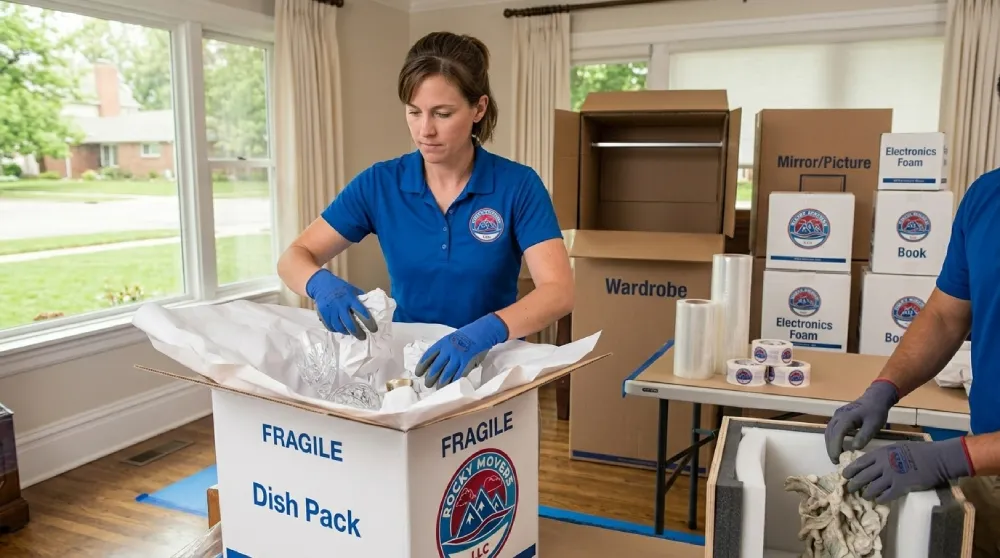 A female moving expert from Rocky Movers carefully packing delicate glassware into a branded Dish Pack box, surrounded by professional-grade packing supplies and custom crating materials inside an Englewood, CO home.