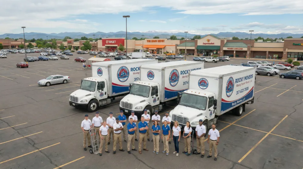 The professional crew of Rocky Movers standing in front of three fully branded moving trucks in a shopping center parking lot in Englewood, CO, with the Rocky Mountains visible in the background.