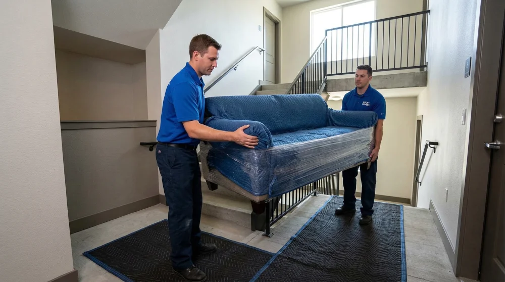 Two Rocky Movers professionals carefully carrying a fully wrapped sofa down an apartment stairwell in Commerce City, CO, utilizing protective floor runners for a safe residential move.