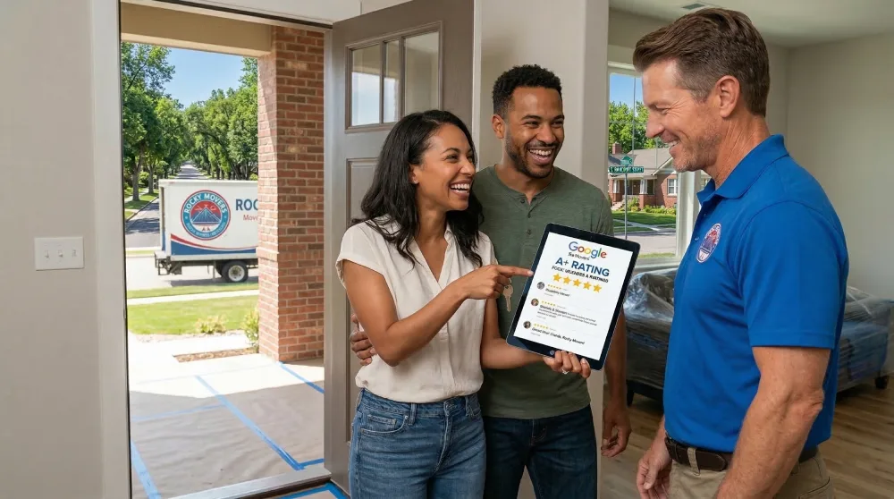 A happy couple in their new home showing a five-star Google review on a tablet to a professional from Rocky Movers, demonstrating why they are a top-rated moving company in Englewood, CO.