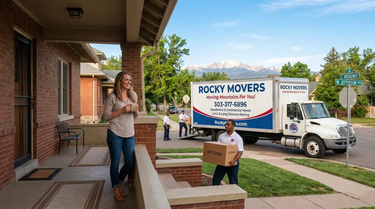 A relaxed customer smiling on the brick porch of her home on S Delaware Street in Englewood, CO, while the Rocky Movers crew and local moving truck handle her residential relocation stress-free.
