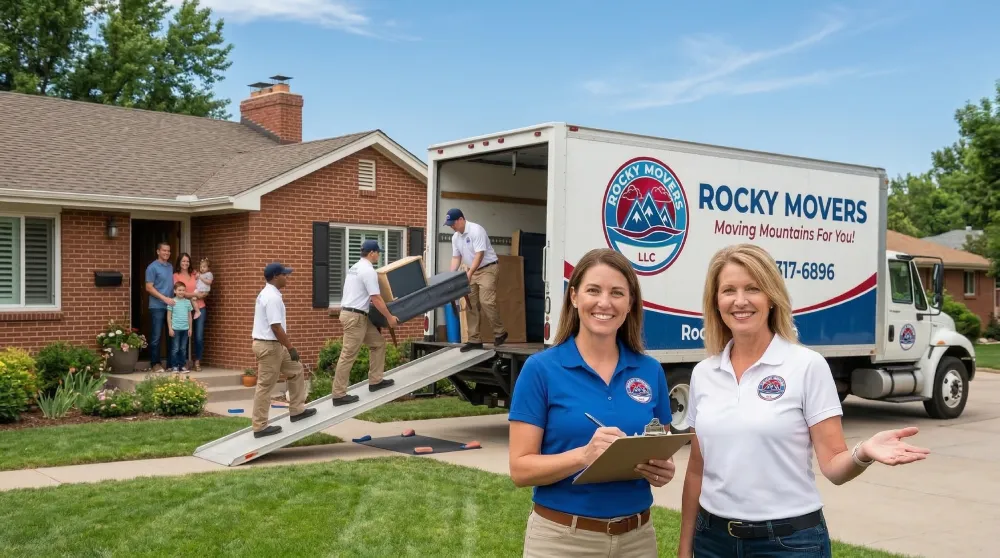 The two female owners of Rocky Movers standing outside a residential home in Englewood, CO, while their professional moving crew loads furniture into a branded moving truck.