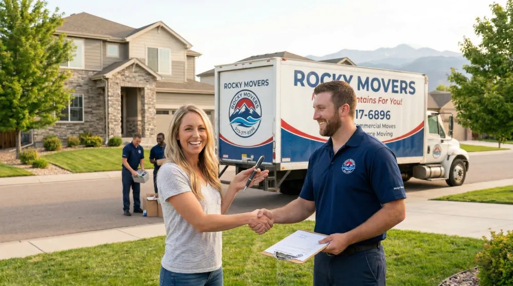 Longmont, CO homeowner shaking hands with a Rocky Movers team member in front of a moving truck after a successful residential move