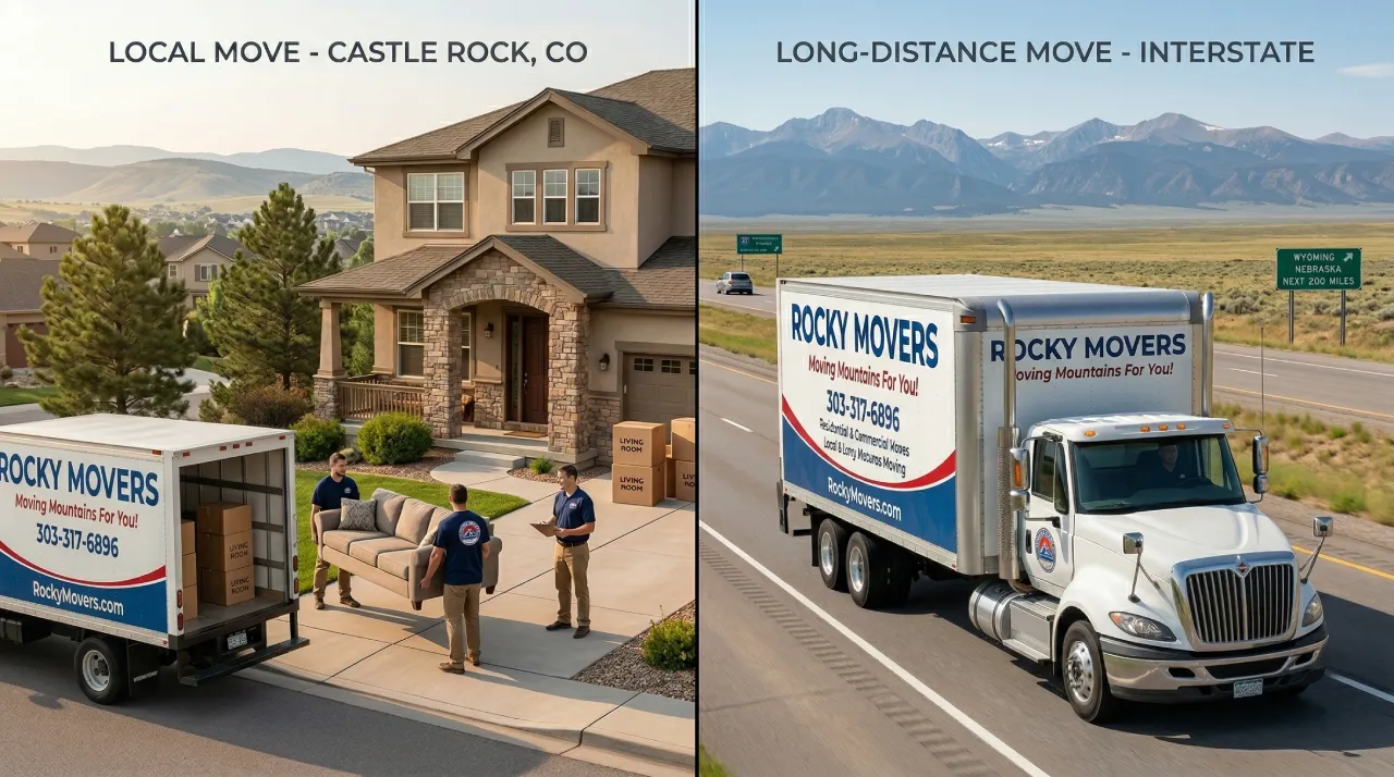 Rocky Movers handling a local move in Castle Rock and a long-distance interstate move from Colorado.