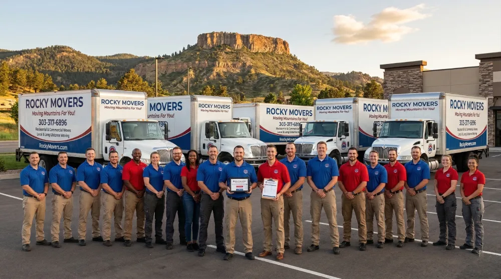 Rocky Movers team and moving truck fleet in Castle Rock, Colorado, ready to provide local and long-distance moving quotes.