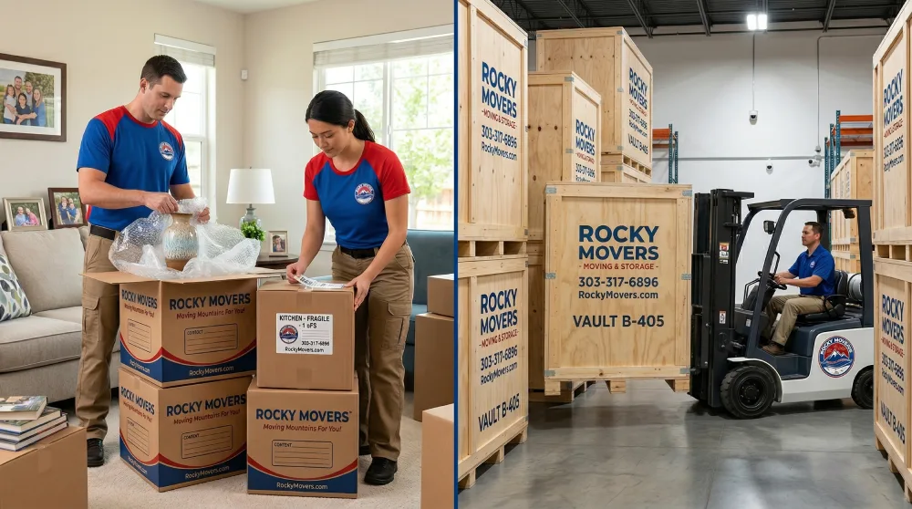 Rocky Movers packing fragile household items and storing labeled moving crates for customers in Castle Rock.