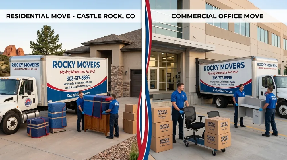 Rocky Movers handling a residential home move and a commercial office move in Castle Rock, Colorado.