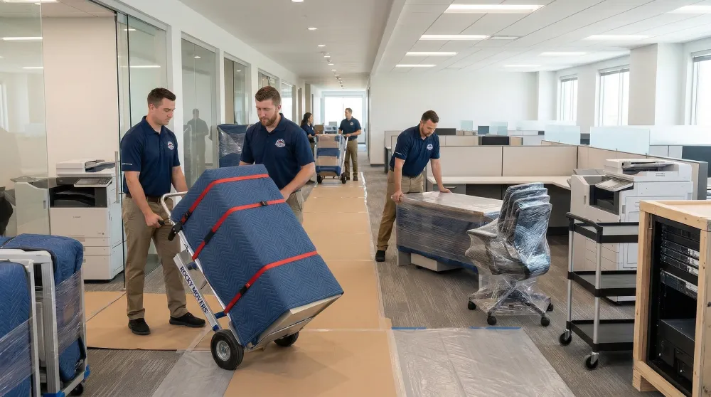 Rocky Movers team handling a commercial office move in Longmont, CO with wrapped furniture, equipment, and careful packing for efficient business relocation