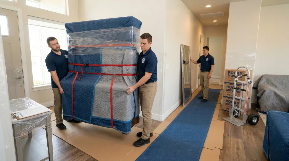 Rocky Movers team carefully moving wrapped furniture inside a Longmont, CO home with professional equipment and protective packing materials