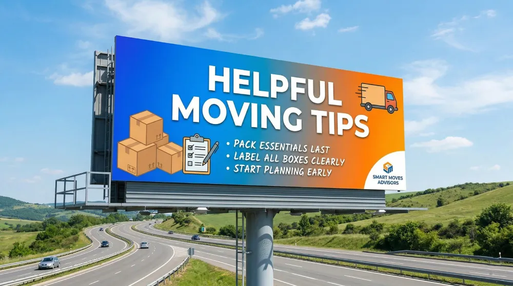 Helpful moving tips billboard from professional movers in Longmont, CO featuring packing, labeling, and early planning advice
