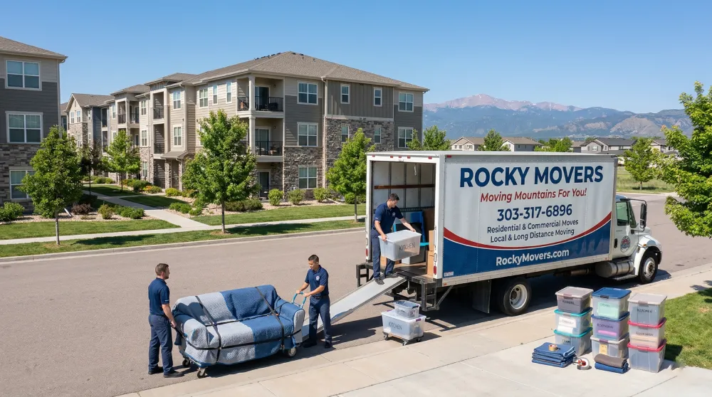 Rocky Movers unloading wrapped furniture and labeled bins outside a Longmont, CO apartment community for a local move