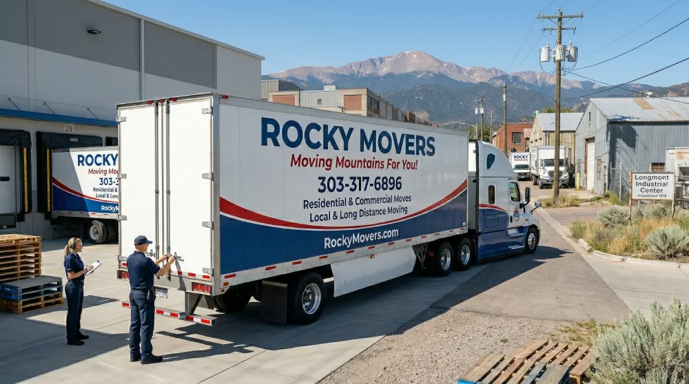 Rocky Movers truck prepared for a long-distance or interstate move in Longmont, CO, showing organized transport and professional moving logistics