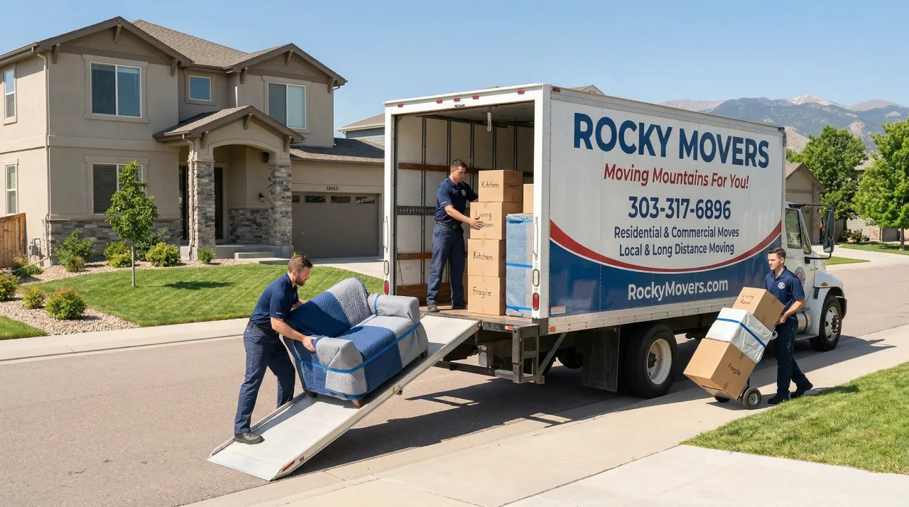 Rocky Movers crew loading furniture and boxes into a moving truck outside a Longmont, CO home for a stress-free residential move