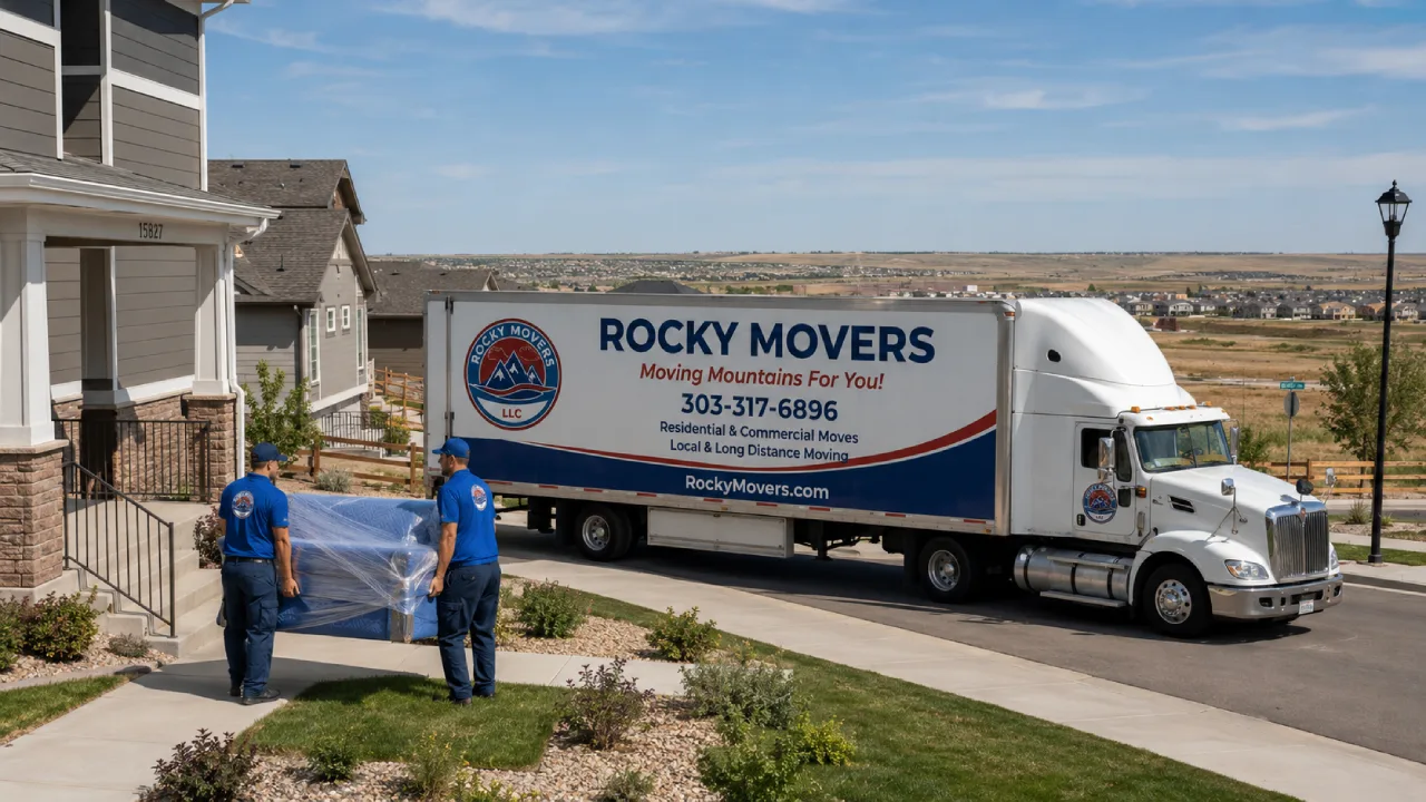 Rocky Movers crew loading a wrapped sofa into a semi-truck at a Parker, CO home with the Front Range in the background.