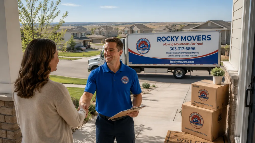 Rocky Movers crew member shaking hands with a Parker, CO homeowner on her front porch with branded moving boxes and truck behind.