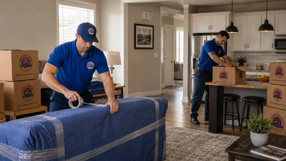 Rocky Movers crew wrapping furniture in moving blankets and packing branded boxes inside a Parker, CO home.
