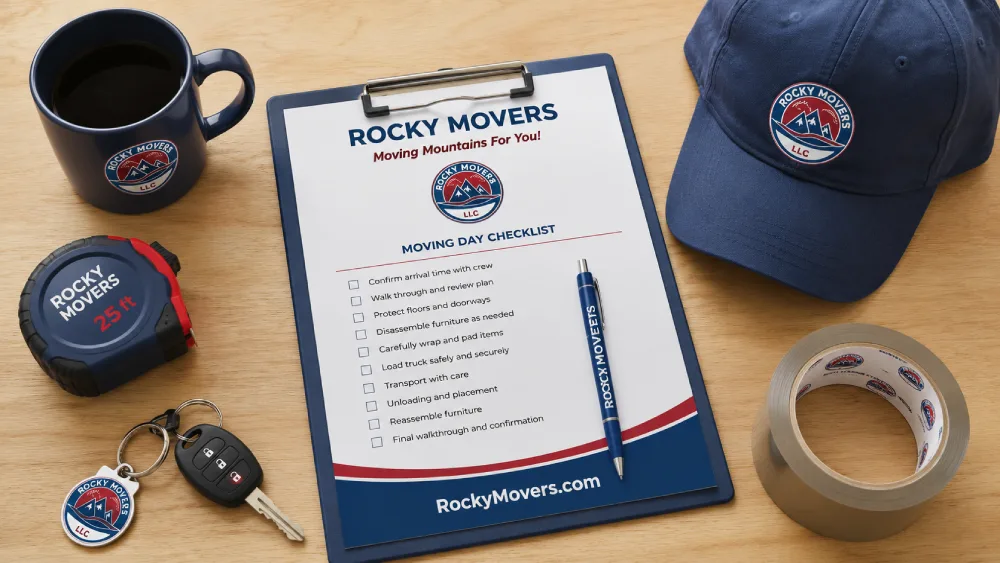 Rocky Movers branded moving day checklist, clipboard, navy cap, coffee mug, tape measure, and packing tape on a wooden desk.