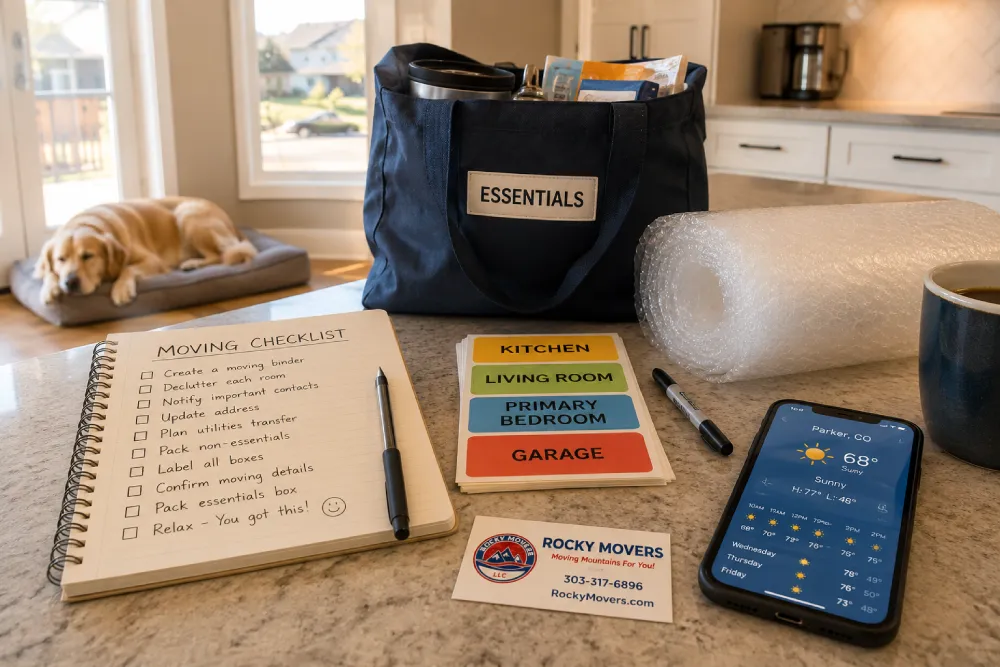 Rocky Movers moving day checklist with an essentials tote, color-coded room labels, and a Parker, CO weather forecast on a kitchen counter.