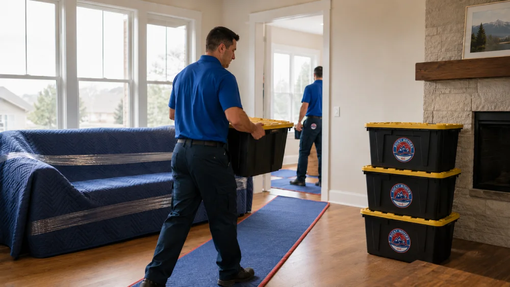 Rocky Movers crew carrying branded storage bins through a Parker, CO living room with floor protection runners and a wrapped sofa.