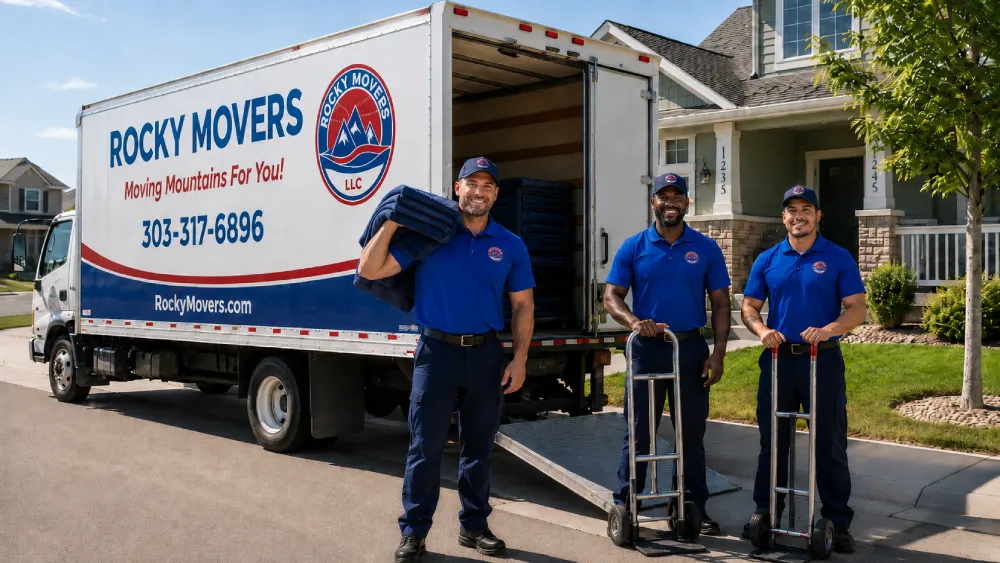 Three Rocky Movers crew members standing in front of a branded moving truck with the ramp extended at a Parker, CO home, ready to start the move.